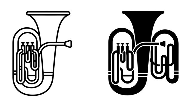 Tuba Outline and Silhouette: A clear, modern illustration of a tuba in both outline and solid silhouette form, showcasing the iconic brass instrument.