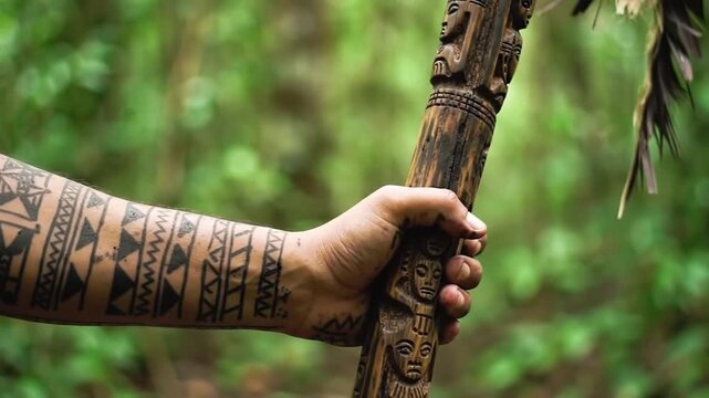 Tribal arm tattoo and carved wooden staff in lush green forest, cultural heritage