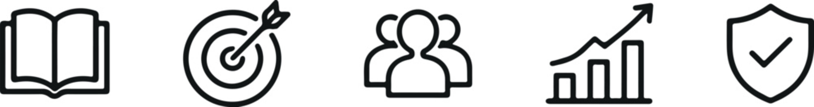 Business Icons Set with Target Audience Growth and Security Outline Style