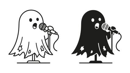Spooky Serenade: A charming ghost, depicted in both outline and solid black, stands before a microphone, ready to deliver a hauntingly beautiful performance, perhaps for Halloween festivities. © afra