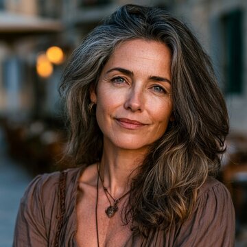 an attractive, confident woman, 49 years old, standing naturally in a real-life setting. Authentic and approachable smile, expressive eyes, elegant posture, stylish fitted dress with tasteful accessor