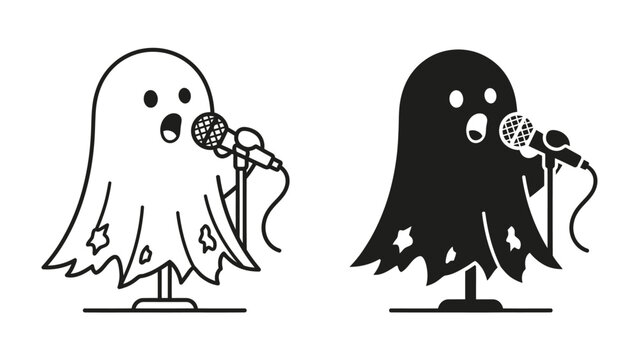 Spooky Serenade: A charming ghost, depicted in both outline and solid black, stands before a microphone, ready to deliver a hauntingly beautiful performance, perhaps for Halloween festivities.