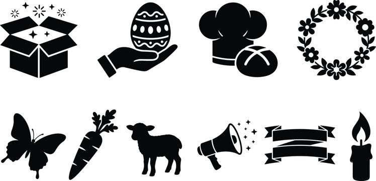 set of easter and spring vector silhouettes featuring gift box decorated egg hand chef hat bread floral wreath butterfly carrot lamb megaphone ribbon and candle
