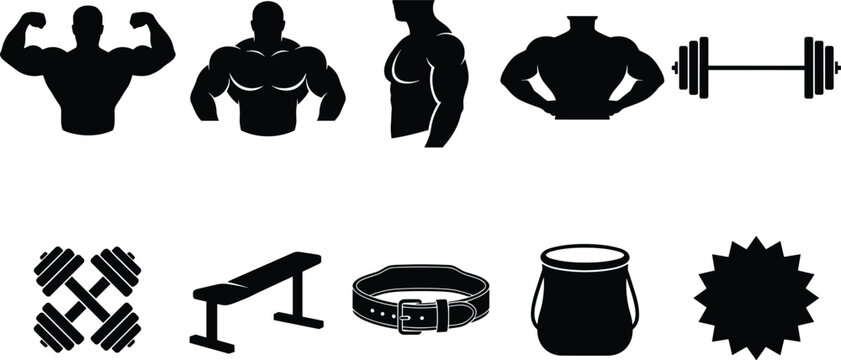 set of black gym and bodybuilding silhouettes featuring muscular male torsos posing biceps with barbell dumbbell weight bench and workout gear icons
