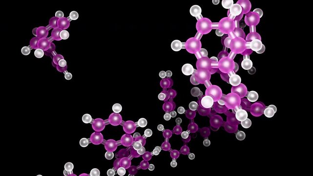 The camera rotates continuously in a seamless loop around static aromatic benzene rings. This modern scientific presentation features glowing atomic bonds with soft bokeh effects.