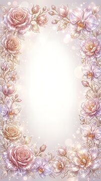 Glamorous floral frame background with shimmering pink roses and bokeh background invitation romantic decoration botanical artistic feminine celebration stationary composition ornament