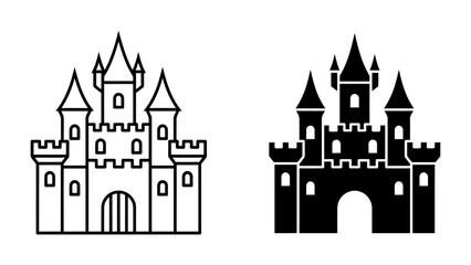 Castle Icons: A pair of stylized castle icons, one outlined and the other in silhouette, represent classic architectural fantasy and historical grandeur. © af