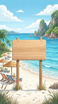 wooden sign board on tropical beach with lounge chairs