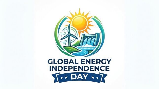 Global Energy Independence Day circular badge emblem featuring water dam wind turbines and a bright sun