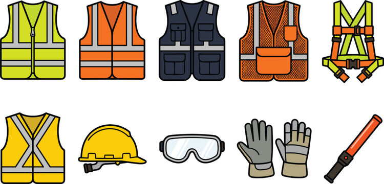 vector set of colorful high visibility safety vests industrial construction personal protective equipment and site safety tools icons collection isolated on white background
