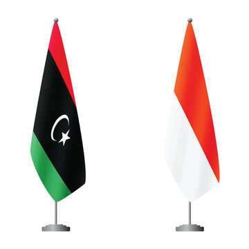 Libya and Indonesia flags on flagpoles for official ceremonies and meetings, transparent background vector