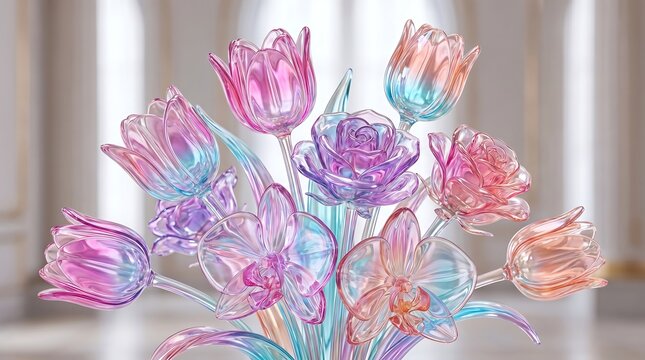 A bouquet of colorful crystal glass tulips in an iridescent light effect with iridescent colorful sculpture decorative ornamental transparent refraction botanical interior sophisticated