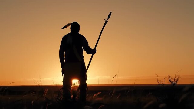 Native American Warrior Silhouette at Sunset with Spear in Plains