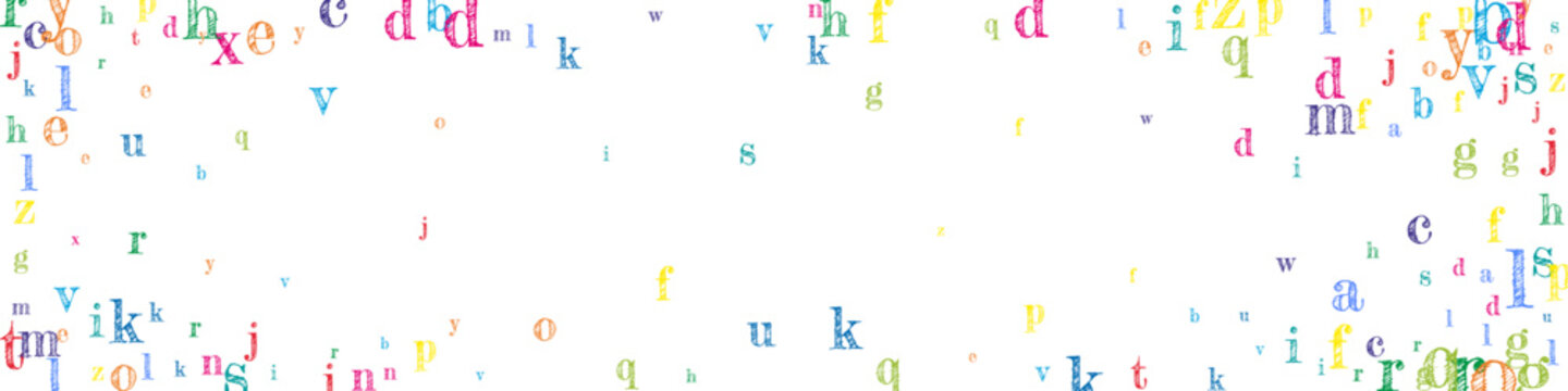 Concept of school background. Colorful childish falling letters of English language. Foreign languages study concept. Back to school banner on white background.