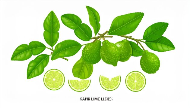 Fresh green lime leaves with yellow limes on branches.