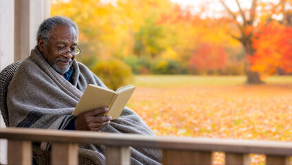 Fototapeta premium elderly African American man sits in a wicker chair on his porch, comfortably wrapped in a blanket, reading a book on a warm autumn day, copy space for text about autumn