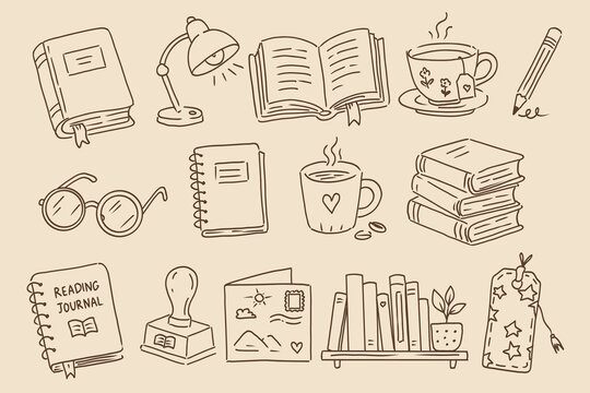 Hand drawn doodle collection of book lovers vector illustrations,  featuring  books, notebook, table lamp, book stamp, glasses, bookshelf, reading journal, coffee mug, tea cup.