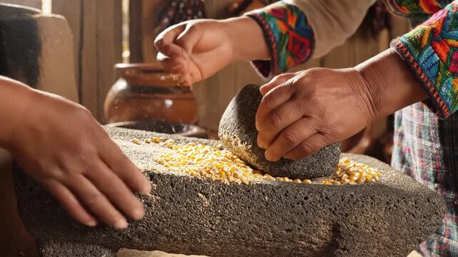Hands grinding corn kernels in a traditional stone metate, preparing food in a rustic kitchen.