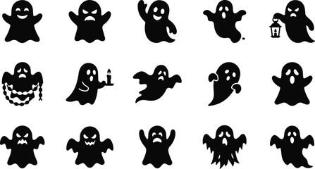 Fototapeta premium Cute and Scary Halloween Ghost Silhouette Icon Collection Vector Isolated