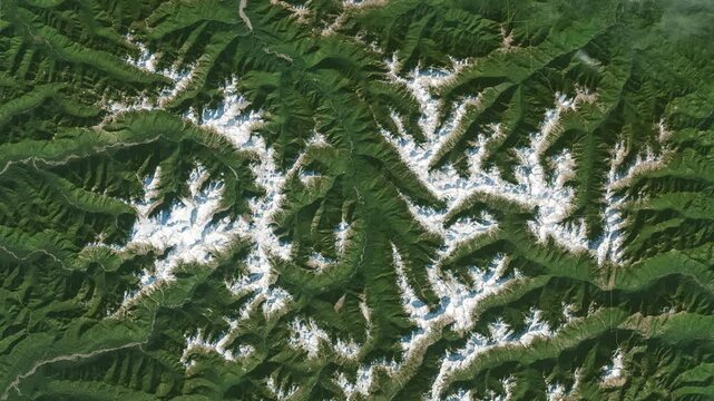 Aerial perspective on  green eroded hills area with little bit of snow. Camera is moving backward and right. Animation based on image by NASA