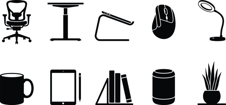 vector set of simple black ergonomic office furniture digital workspace gadgets and freelance remote work equipment icons collection isolated on plain white background
