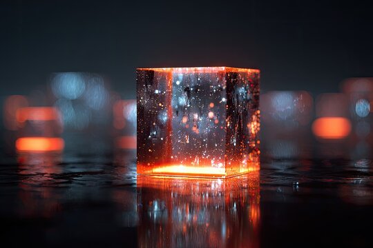 Glowing transparent cube with internal lights on wet surface
