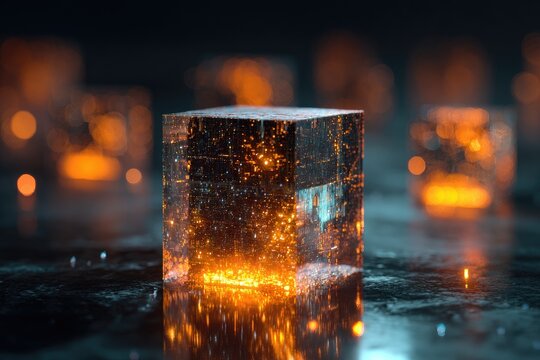 Transparent cube filled with glowing orange particles, abstract digital light
