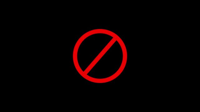 Warning, stop or no entry forbidden red circle on black background. Animation of delete, denied, ban or block icon