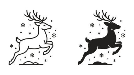 Reindeer Silhouette Duo: A set of two reindeer silhouettes, one in outline and one solid black, captured mid-leap with snowflakes falling, evoking a festive winter holiday spirit. © Fara