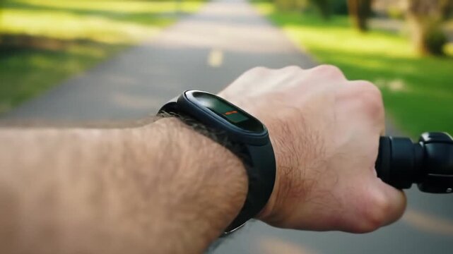 First-person view of riding an electric scooter on a park path with a fitness tracker