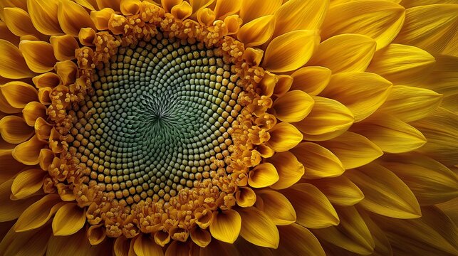 Close-up macro of stunning sunflower center with fibonacci spiral pattern and beautiful details