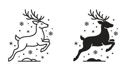 Reindeer Silhouette with Snowflakes: A stylized illustration of a reindeer in motion, depicted in both outline and silhouette, surrounded by falling snowflakes, evoking a festive winter scene. © Fara