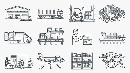 Fototapeta premium Professional Black and White Line Drawing Illustrations of Global Logistics and Supply Chain Operations