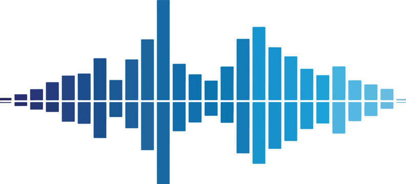 Blue audio waveform graphic composed of vertical bars oscillating around a central line