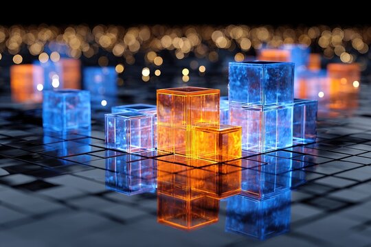 Glowing cubes with orange and blue light arranged on a dark, reflective surface