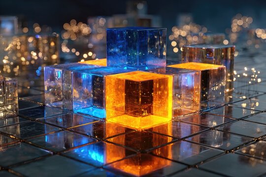 Geometric cubes in glowing blue and orange form a glowing structure on a grid
