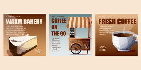 Coffee shop social media template set with placeholder text, square promo banners with coffee cart kiosk, espresso mug and cheesecake slice. © Svetlana Ruin