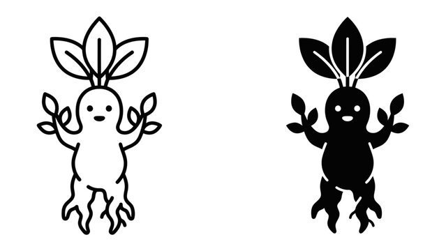 Magical Mandrake Roots: A stylized illustration of a whimsical mandrake plant, presented in both outline and silhouette, featuring a cute face and root-like limbs.