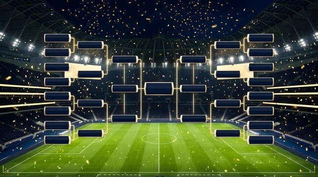 A professional stadium background with falling confetti and a dark tournament bracket template.