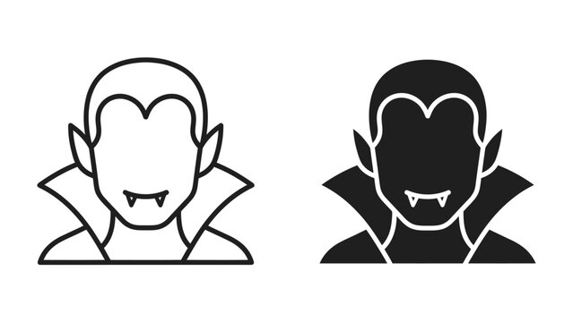 Vampire Icon Set: A pair of minimalist vampire icons, one outlined and the other solid black, featuring characteristic fangs and cape, symbolizing gothic horror and Halloween themes.