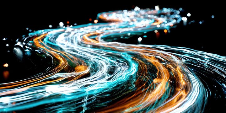Swirling trails of light in cyan and orange against a dark backdrop