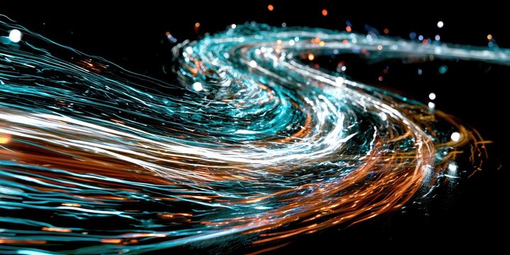 Swirling luminous strands of blue, white, and orange light against black