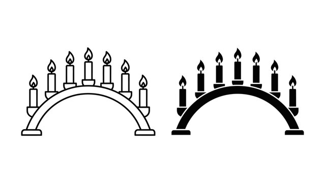 Menorah Icon: A clean, stylized illustration of a menorah featuring nine candles, symbolizing hope and tradition, presented in both line art and silhouette form.