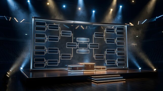 An illuminated football tournament bracket on a dark stage with dramatic overhead spotlight beams.