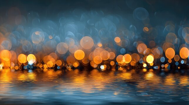 Soft glowing orbs of orange and blue light reflect on dark rippling water