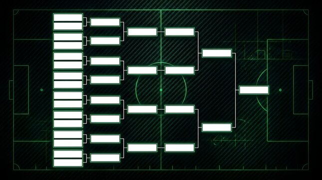 Detailed Football Tournament Bracket Overlay On A Green Digital Field Background With Grid Lines.