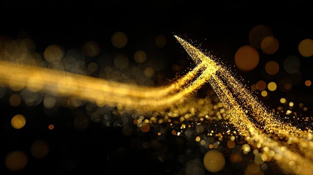 Golden light particles forming an upward arrow and flowing trail against dark background