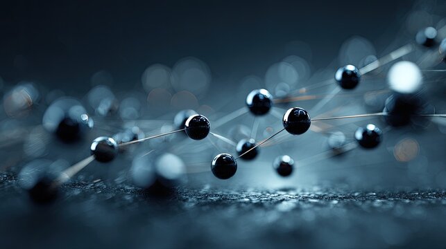 A dark, abstract network of shiny, spherical nodes connected by thin lines