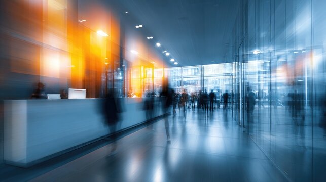 Blurry motion of people entering a modern, bright, and spacious building lobby