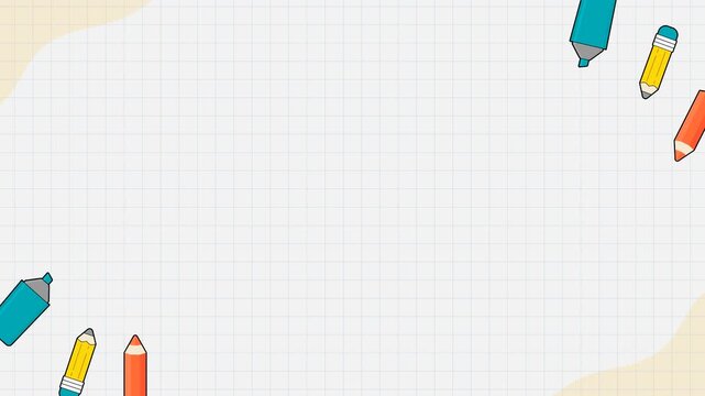 Seamless looping background animation of swinging pencils and markers on corners with wide center text copy space on white grid graph notebook paper background. Flat style concept design